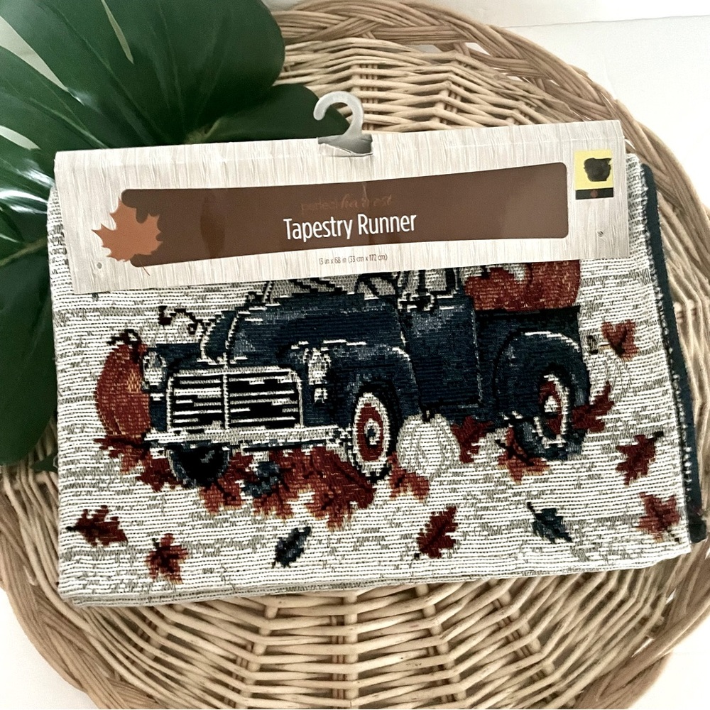 Fall Perfect Harvest Blue Truck Tapestry Table Runner Autumn Leaves NWT